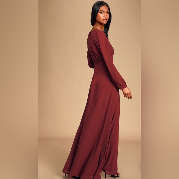 LULUS All My Life Maxi Dress Burgundy Long Sleeve Deep V Plunge Front High Slit - Picture 15 of 16